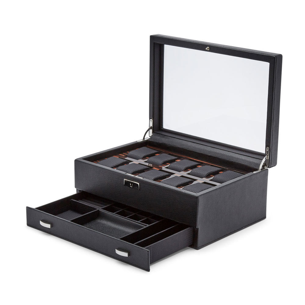 WOLF 1834 Roadster 10-Piece Watch Box with Drawer – Black Vegan Leather & Ebony Macassar - Image 4