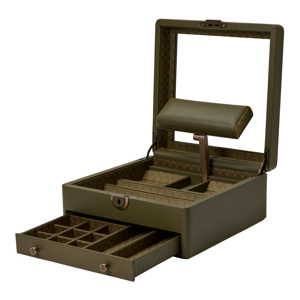 WOLF 1834 Earth Watch Stand Box - Olive Apple Leather with Glass Lid - Image 4