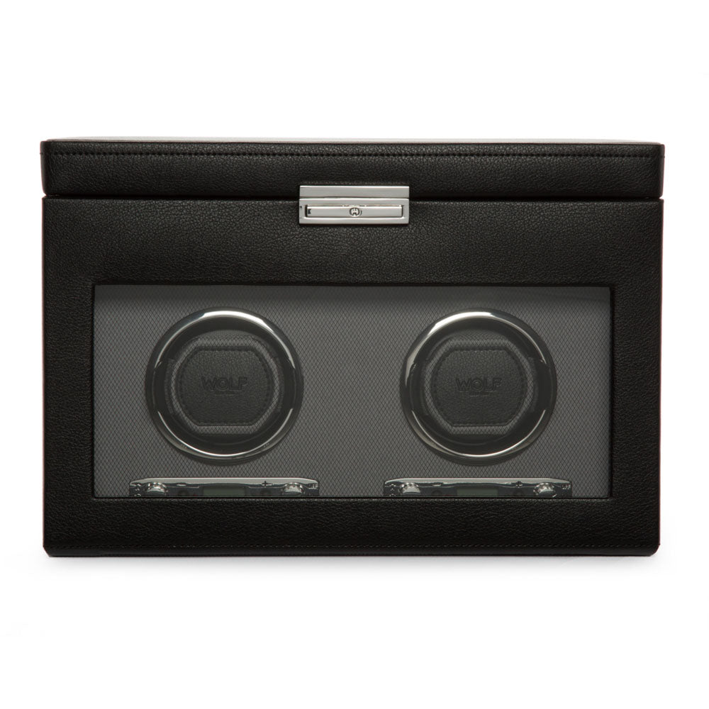WOLF 1834 Classic Double Watch Winder with Storage – Black Vegan Leather, 2 Modules + 3-Piece Watch Storage - Image 1