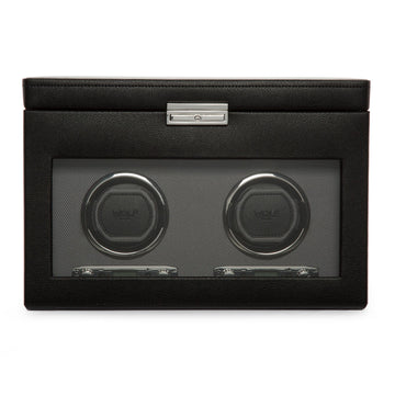 WOLF 1834 Classic Double Watch Winder with Storage – Black Vegan Leather, 2 Modules + 3-Piece Watch Storage - Image 1