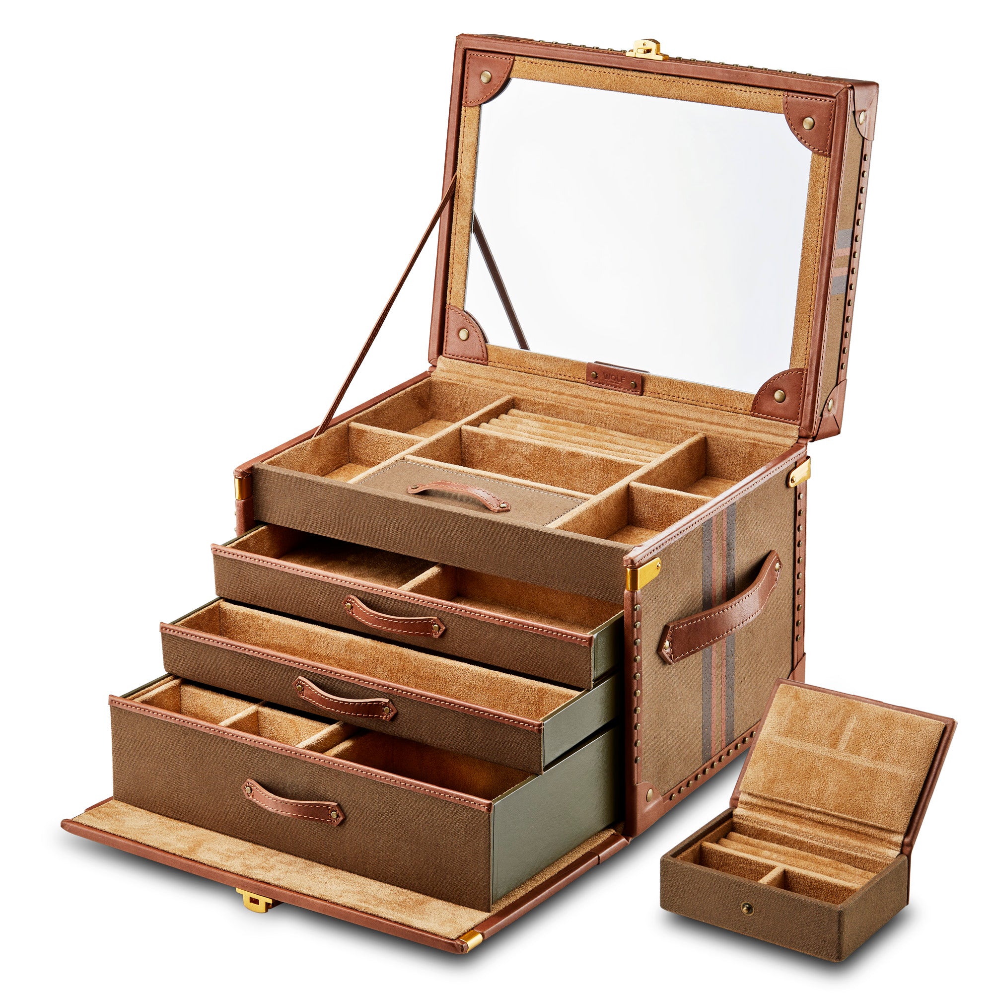 WOLF 1834 Ida Trunk Jewelry Box – Khaki Recycled Canvas with Leather Trim - Image 4