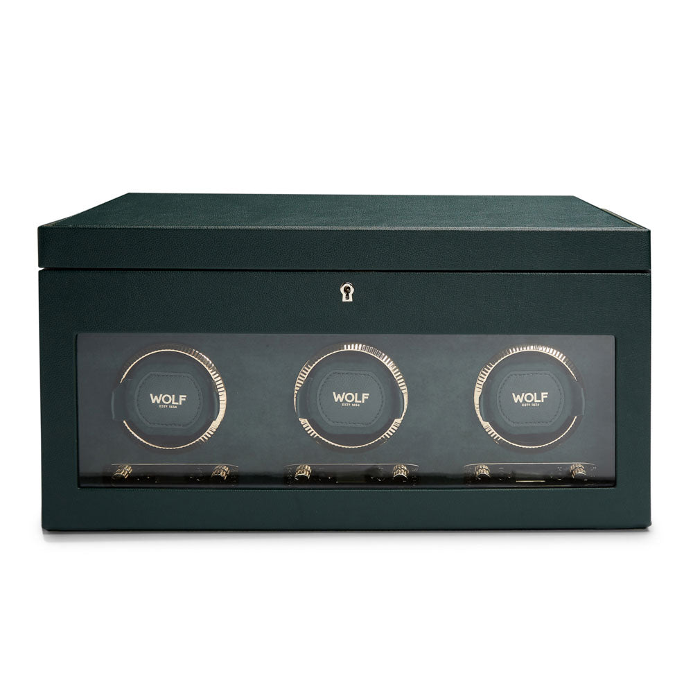 WOLF 1834 British Racing Triple Watch Winder with Storage – Green Vegan Leather - Image 1