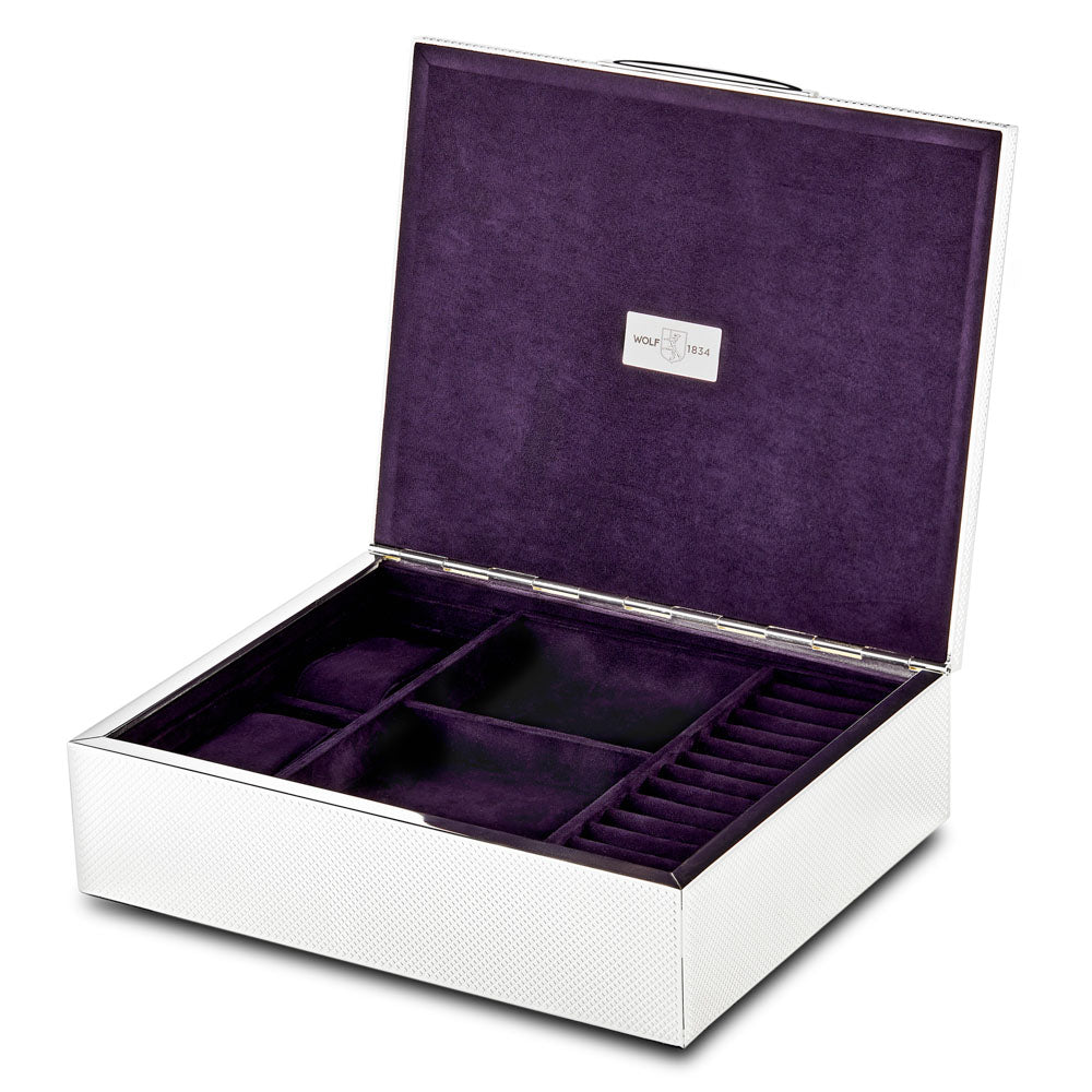 WOLF 1834 Silver Medium Watch, Jewelry & Legacy Box – Silver-Plated Engine-Turned, Ultrasuede LusterLoc™ Lining - Image 3