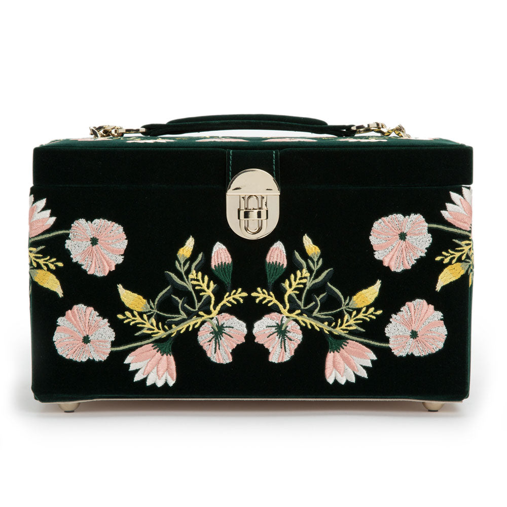 WOLF 1834 Zoe Medium Jewelry Box – Forest Green Velvet with Floral Embroidery - Image 1