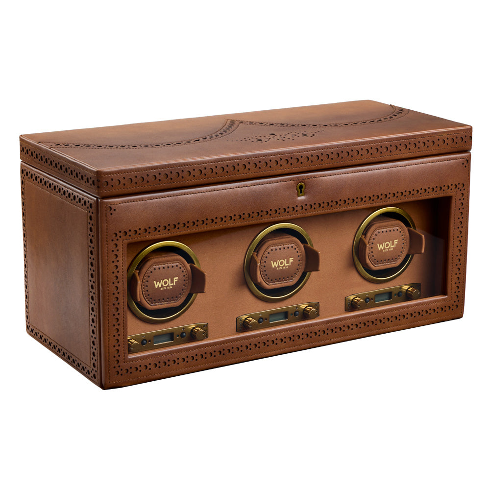 WOLF 1834 Brogue Triple Watch Winder with Storage – Burnished Brown - Image 2