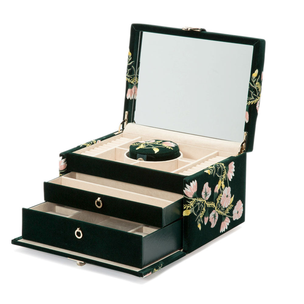 WOLF 1834 Zoe Medium Jewelry Box – Forest Green Velvet with Floral Embroidery - Image 3