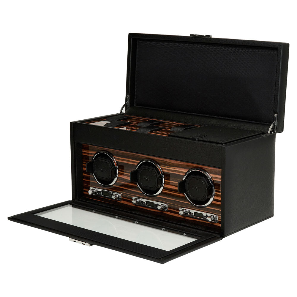 WOLF 1834 Roadster Triple Watch Winder with Storage – Ebony Macassar & Vegan Leather, 3 Winding Modules + 5-Piece Storage - Image 3