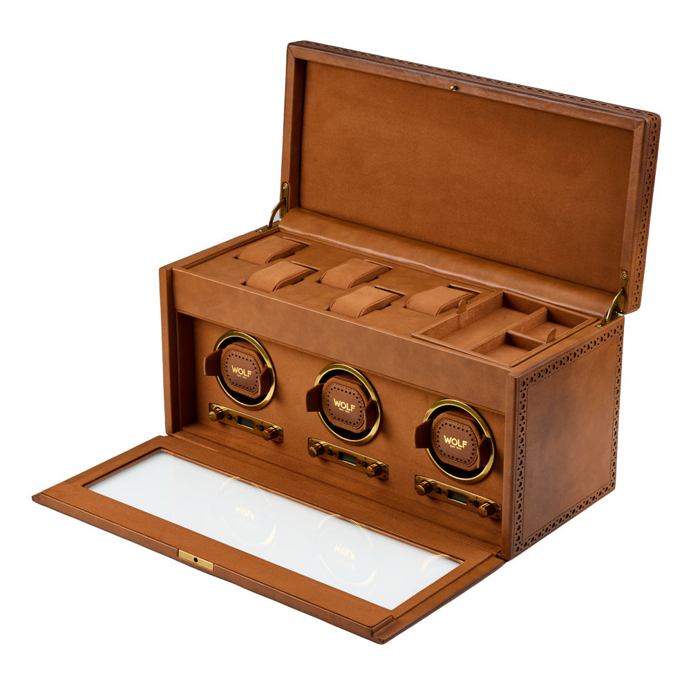 WOLF 1834 Brogue Triple Watch Winder with Storage – Burnished Brown - Image 3