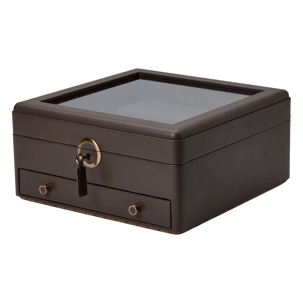 WOLF 1834 Earth Watch Stand Box – Coffee Apple Leather with Glass Lid & Drawer - Image 2
