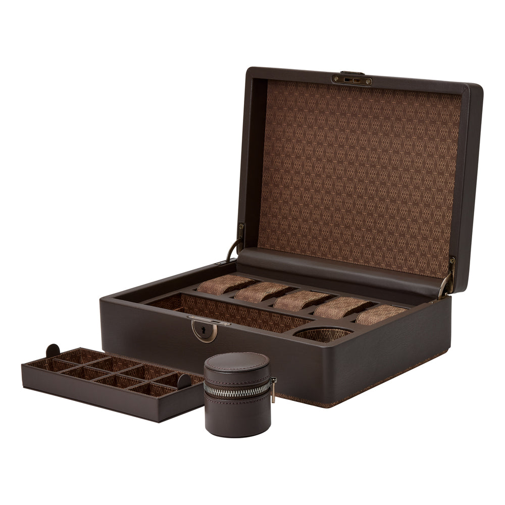 WOLF 1834 Earth 5 Piece Watch Box with Storage – Coffee Apple Leather - Image 4
