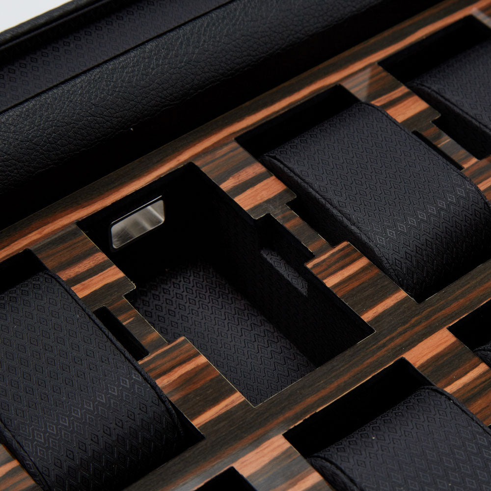 WOLF 1834 Roadster 10-Piece Watch Box - Black Vegan Leather with Ebony Macassar - Image 4