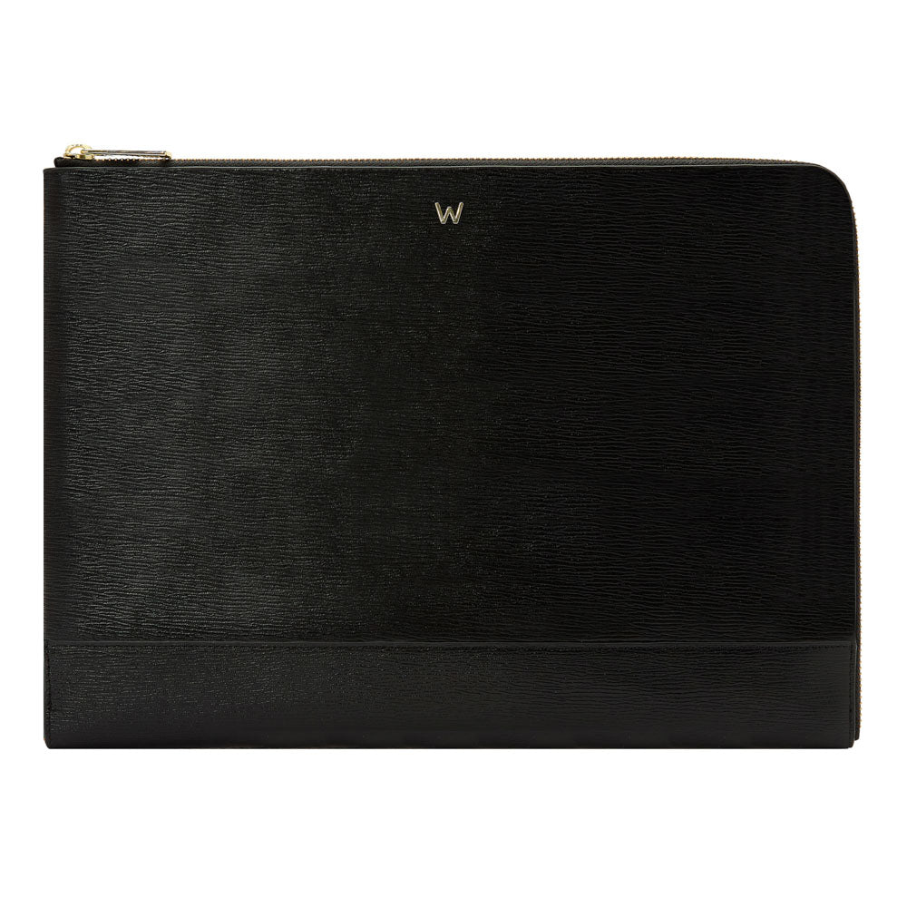 WOLF 1834 W Laptop Sleeve - Black Embossed Leather with RFID Protection (13") - Image 1