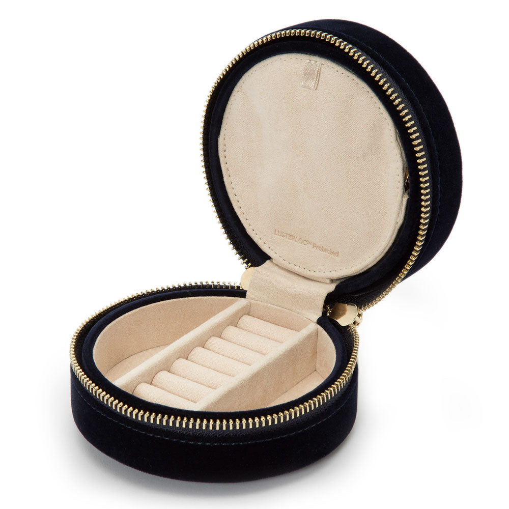 WOLF 1834 Zoe Travel Round Jewelry Case - Indigo Velvet with Floral Embroidery - Image 4